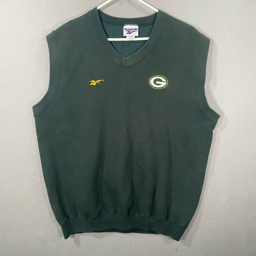 Vintage Reebok Green Bay Packers Sweater Vest Green USA Made Mens XL